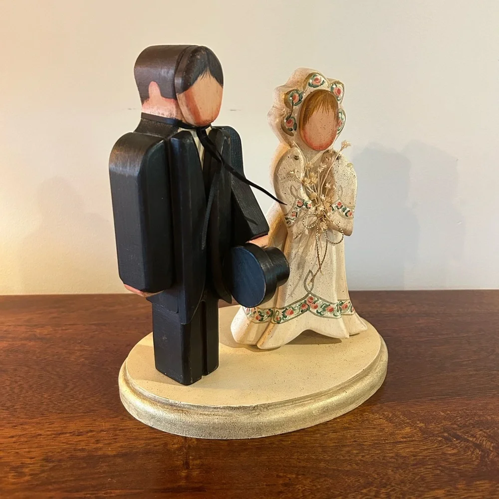 Folk Art Rustic Wood Handcrafted Traditional Bride and Groom 9” high